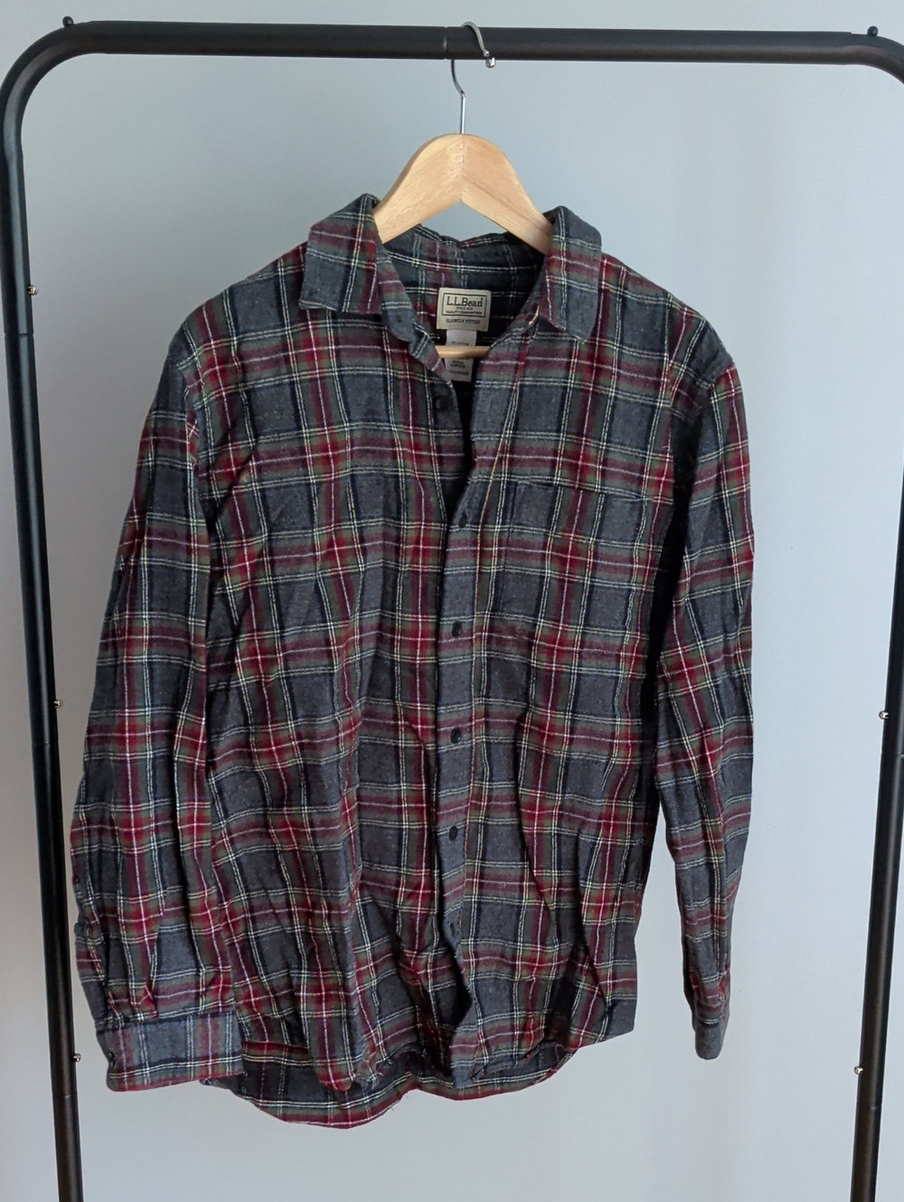 L.L. Bean Men's Charcoal Gray and Red Plaid Button-Down Shirt